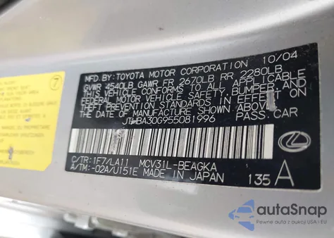 2005 Lexus Es 330 z USA, uszkodzony, nr VIN JTHBA30G955081996